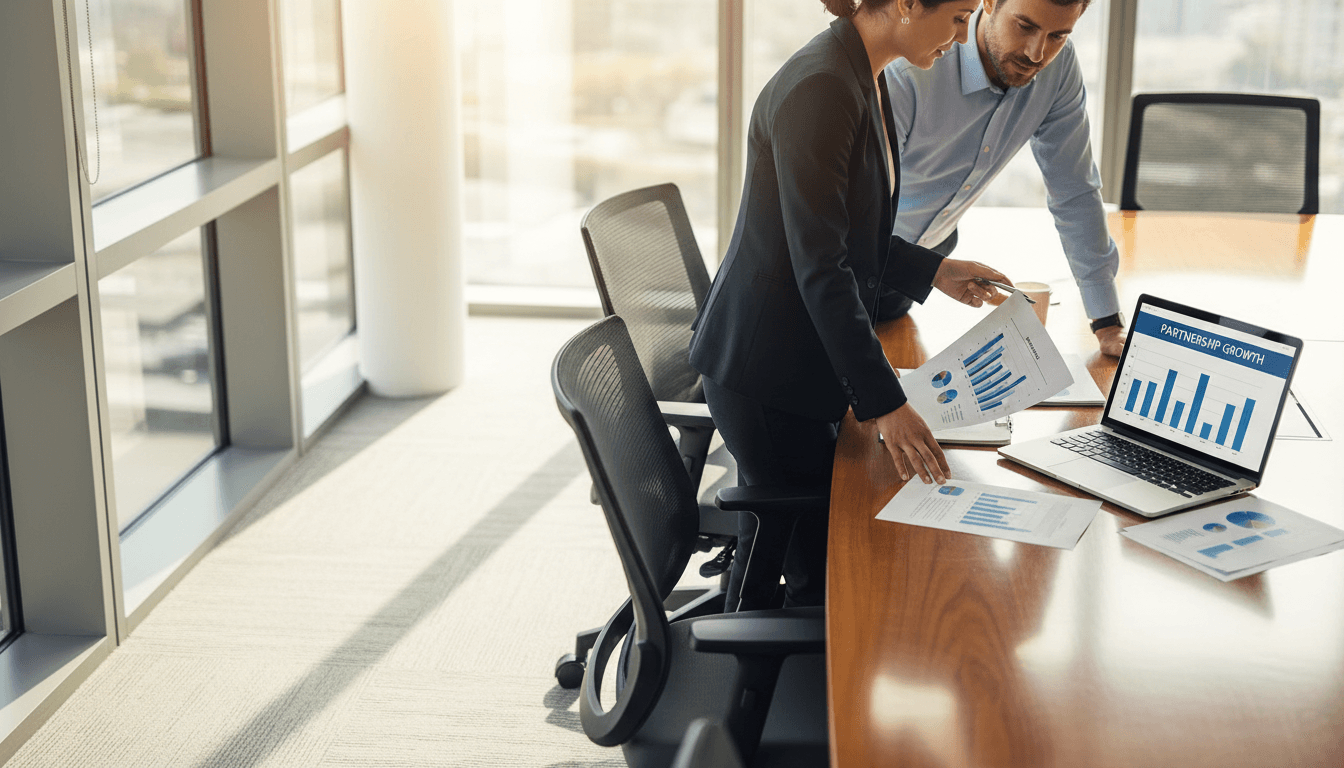 Business professionals reviewing partnership documentation