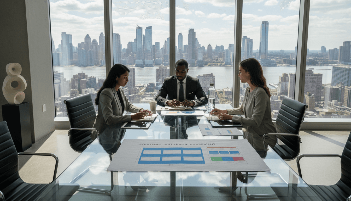 Business professionals reviewing partnership documents in a modern conference room with NYC skyline view