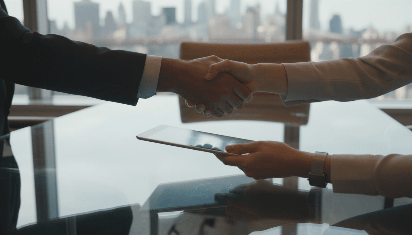 Two professionals shaking hands over a tablet during a business meeting