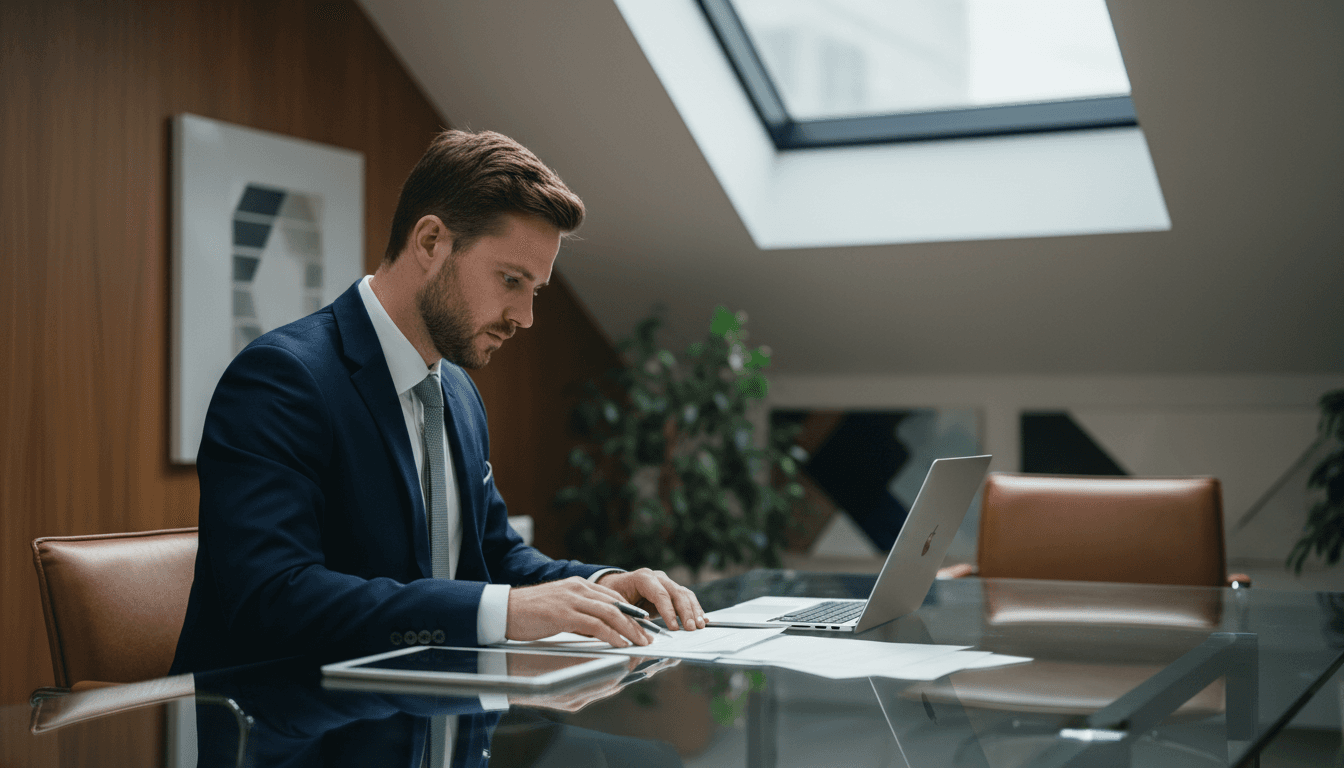 Professional reviewing technology partnership documents at conference table