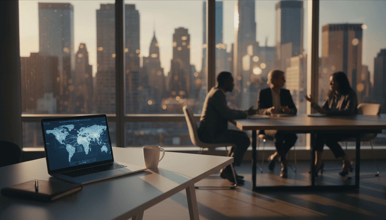 Modern NYC office with world map on laptop screen and collaborative team workspace