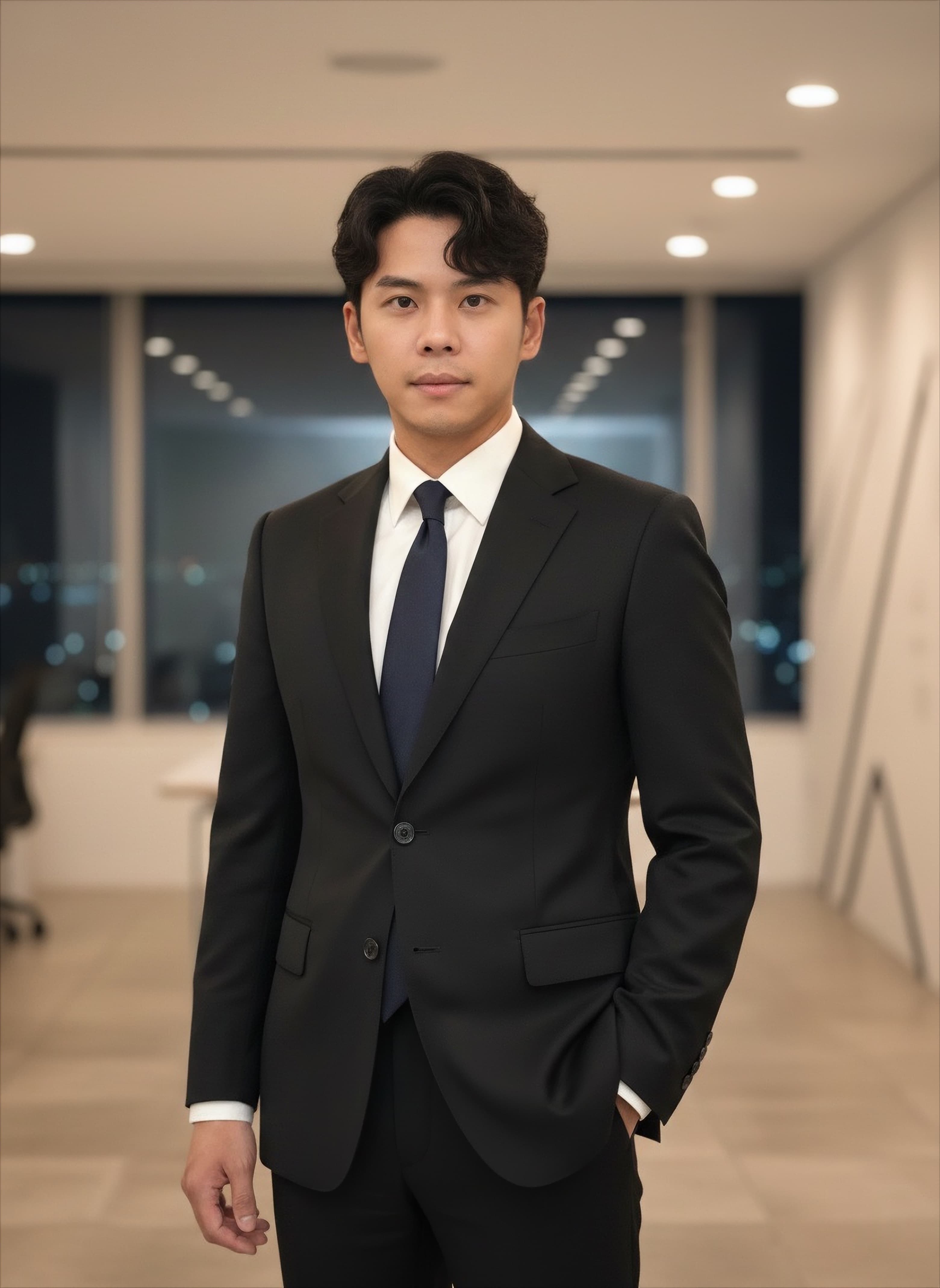 Professional Asian man in a black suit standing in a modern office at night.